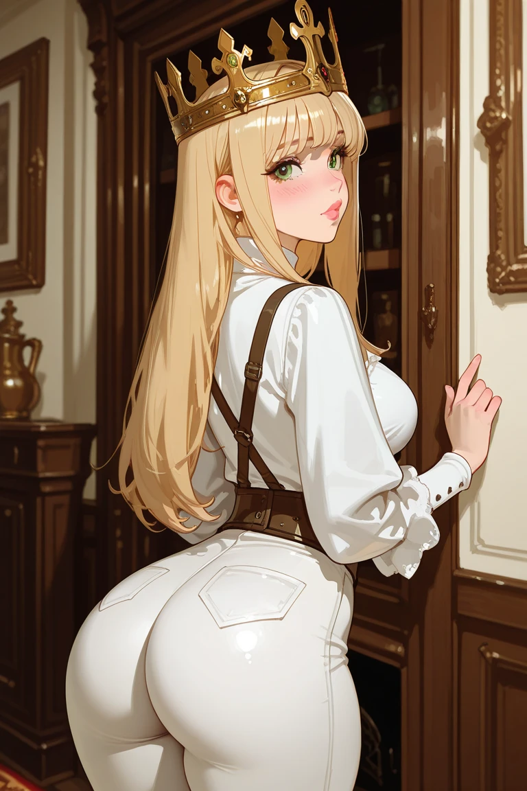 High resolution, Very detailed, perfect lighting, beautiful detailed eyes, ((masterpiece,Best Quality)), absurdities, alone, princess zelda, by the width, crown braid, Hair clip, pointy ears, corset azul, long sleeves, Gloves without fingers, black gloves, tight latex pants, smile, curves, nod, , deep neckline, deep neckline, NSFW, visible nipples, tight latex pants, view from behind, view from behind, big butt, big butt