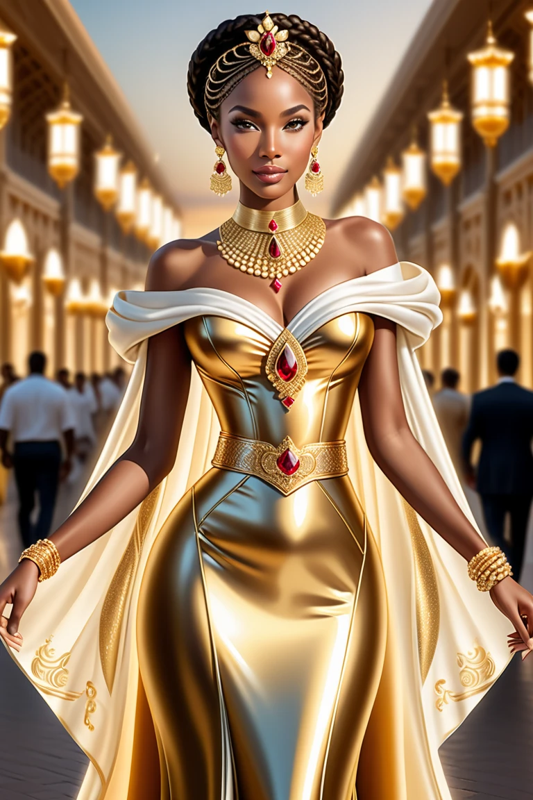 beautiful African woman, short ((golden)) dress that seems to flow like honey, dark skin