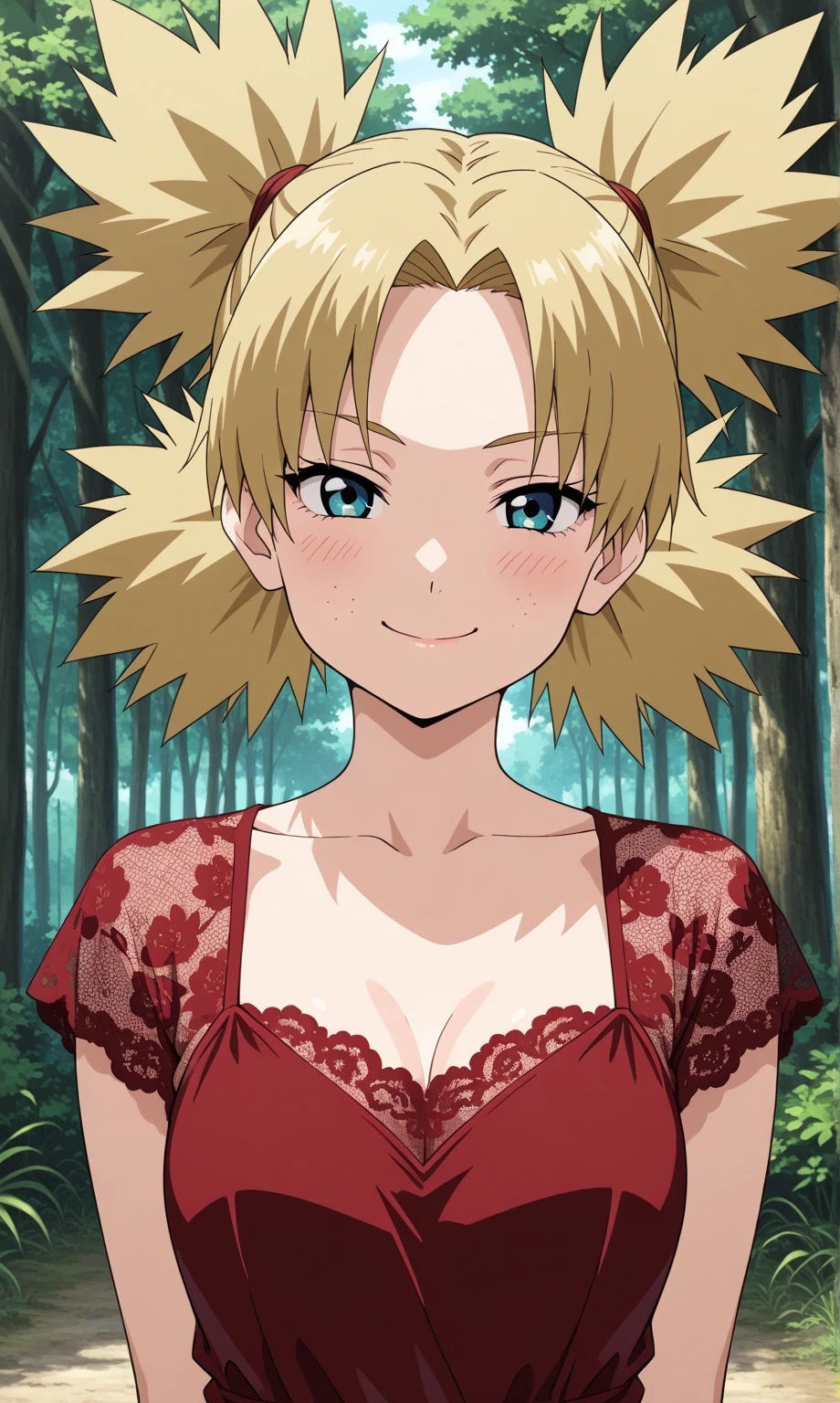 ((masterpiece, best quality)), insaneres, absurdres, solo, looking at viewer, BlondeHair_BadLaunch_ownwaifu, 1girl, long hair, blonde hair, curly hair, hair ribbon, blue eyes, medium breasts, red hairband, eyelashes, bangs, bare shoulders, collarbone, little dark pink tight dress, t3ghtdr3ss, outdoors, depth of field, vanishing point, (contrapposto), smile, headshot portrait
