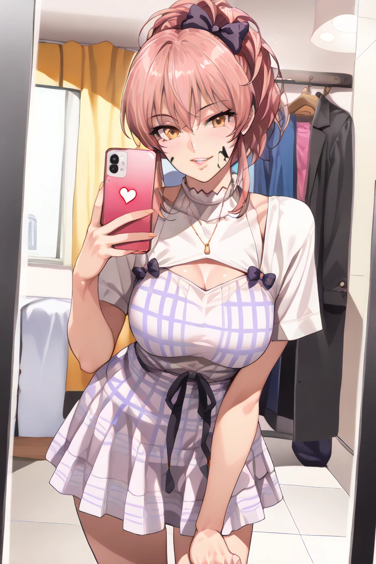 4K,One Girl,slender,Very short stature,Very thin thighs,Blunt bangs,short dress shirt, Half Sleeve,Red suspender mini skirt,blush, smile, Bobcut, Black Hair,Vibrant colors, Ahegao,A lot of love juice drips down her thighs onto the floor,(remote_play)),remote-vibrating-egg,((Someone else's hand holding a pink round remote control:1.3))、Ecstatic expression,Accurate and detailed female fingers,