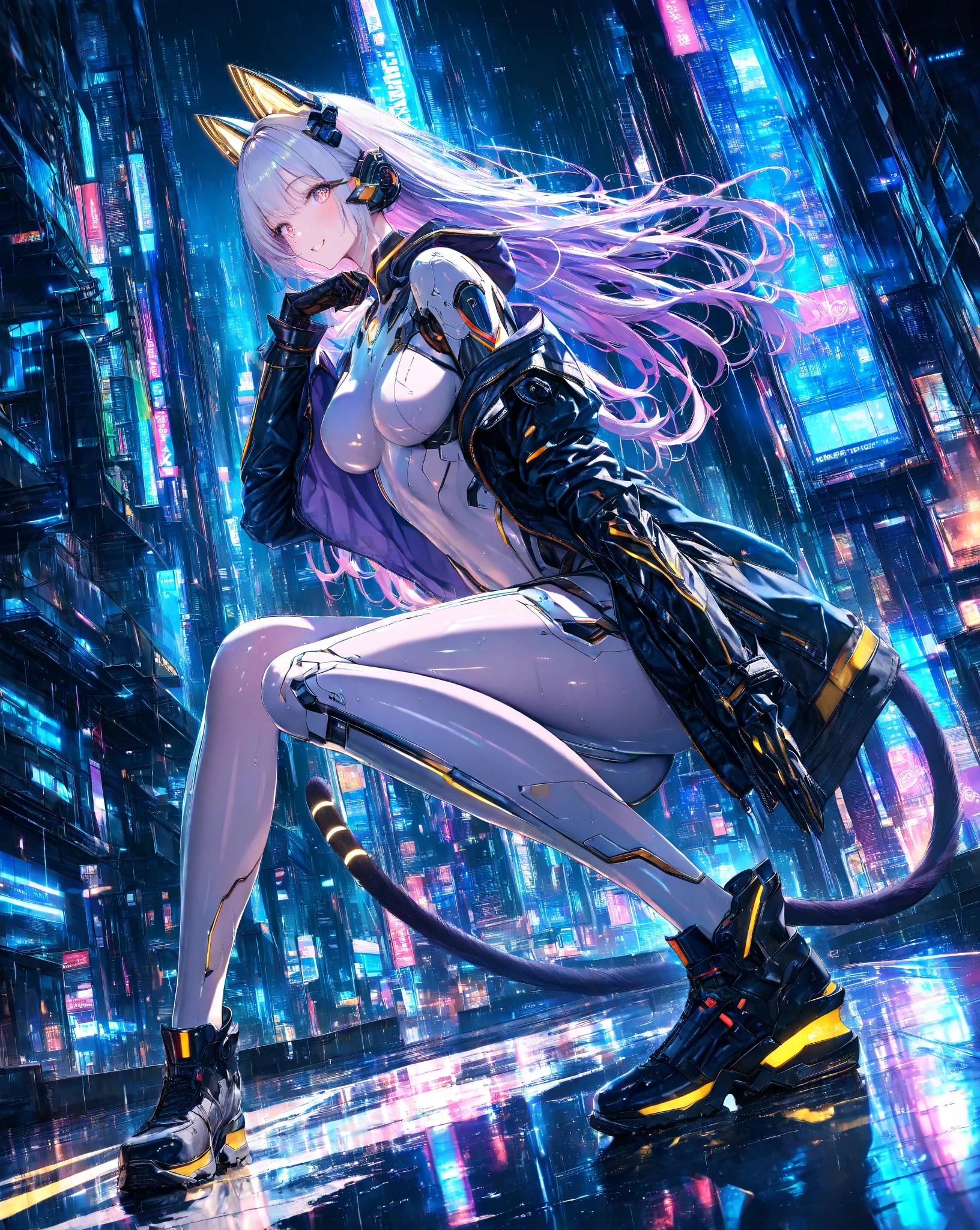 (((Of the highest quality)), (masterpiece), (detail:1.4), (((translucent mechanical robotic parts, black cyborg))), ((((solo)))), (((female focus))), ((woman made out of cyber parts)), ((skin of hips and thighs)), (((futuristic background))), many blue lights, (long white hair), (((Beautiful iridescent long hair))), (((blue Aurora Inner Hair))), Costume typography and numbering, ((grey and black eyes)), (((full lips))), detailed face, gorgeous eyes, iridescent body, standing, ((facing camera)), (((skin of the cleavage)), (glowing eyes), (in a futuristic city), ((skin of the forearms)), ((futuristic headgear)), ((in a city)), ((neon lights)), ((sitting)), ((wires attached to the character))