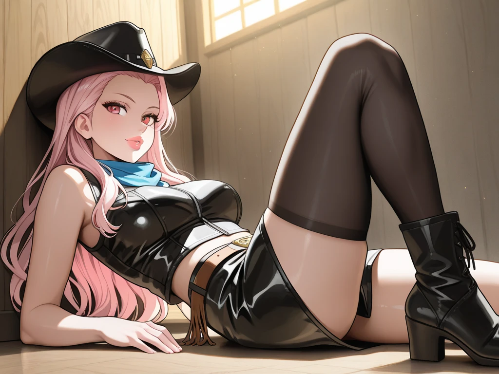 ((top-quality, 8K, masterpiece:1.3)), A detailed eye, (looking at from the front), Look at the camera, ((Everything is sparkling、reflecting light:1.2)), (Best Ratio: 4 fingers, 1 thumb), (portrait), (((Jewelry Bonney from One Piece))), JewelryBonneyV2, half body shot, light smile, 1girl, solo, cute face , long hair, pink hair, hat, ((slim girl, medium breasts, hyperdetailed lips)), red lips, (thighhighs, shorts, suspenders, boots, purple eyes), midriff, crop top, belt, suspender shorts, blushing, (back shot), (((suggestive ass shot))), cute face, (suggestive Lower angle shot),
