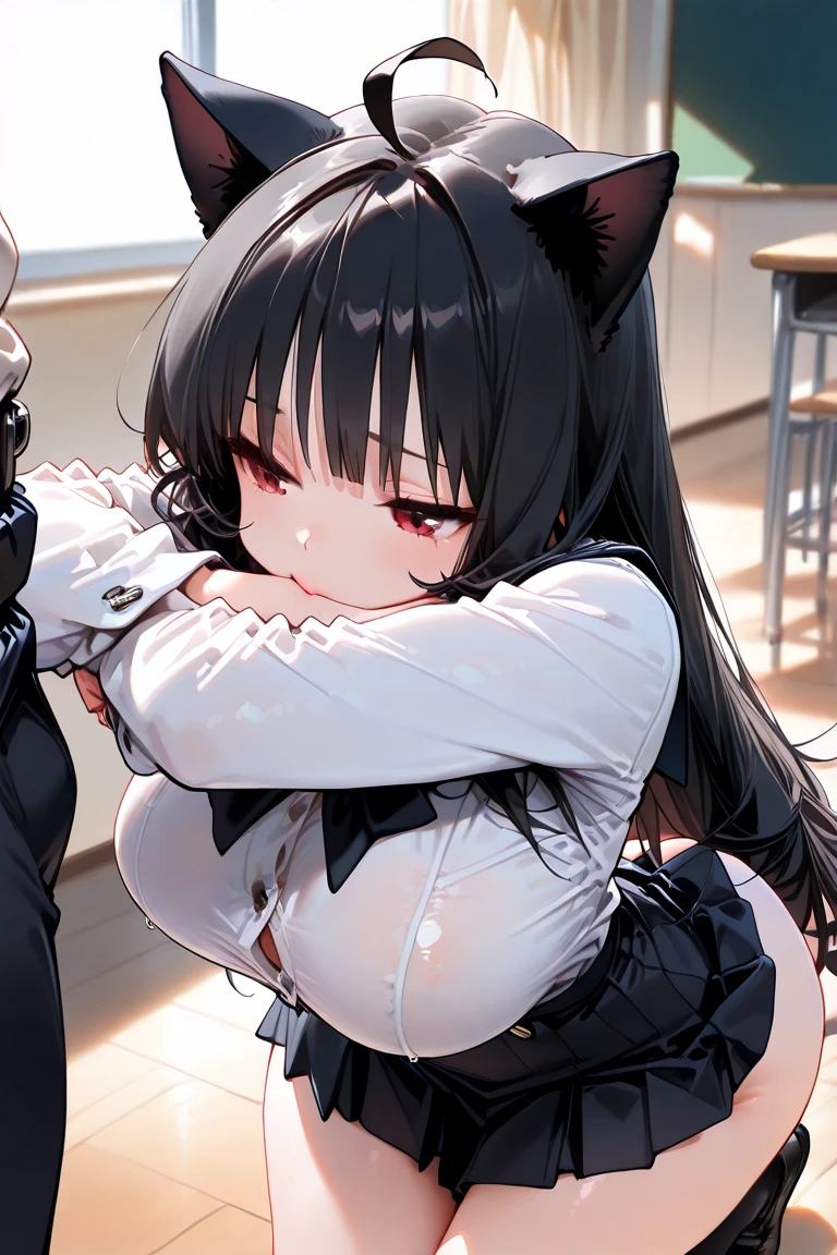 18-year-old girl，cute，Wear a white long-sleeved shirt and a black work tie，Wear black pants，Wear black booties，Wear white gloves，wear cat ear，Black hair，Black eyes，blush，sweat，Fear，Unwilling，Looks very bottom，uncomfortable，porn