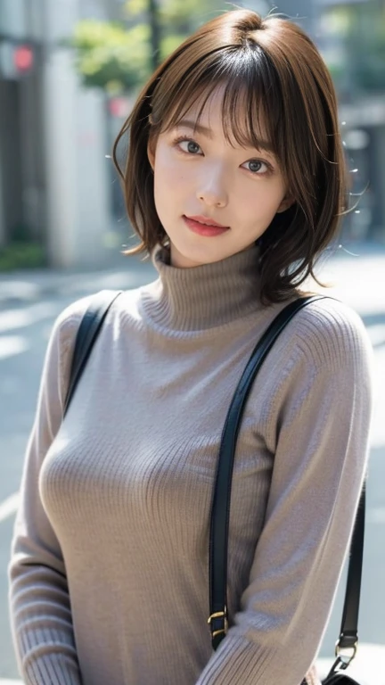 Photo realistic, High resolution, Detailed Background, Beautiful skin in every detail, Detailed nose, Soft lighting, (Solo Shot:1.23), (Upper Body:1.1), Close-up shot, (focused on the chest:1.3),, (((Nice hands, Perfect hands))), Clear Eyes,// Japanese women, Pale skin, Big and soft breasts, // (Wear a thin short-sleeved turtleneck sweater), short hair, Street Snap, Tokyo,