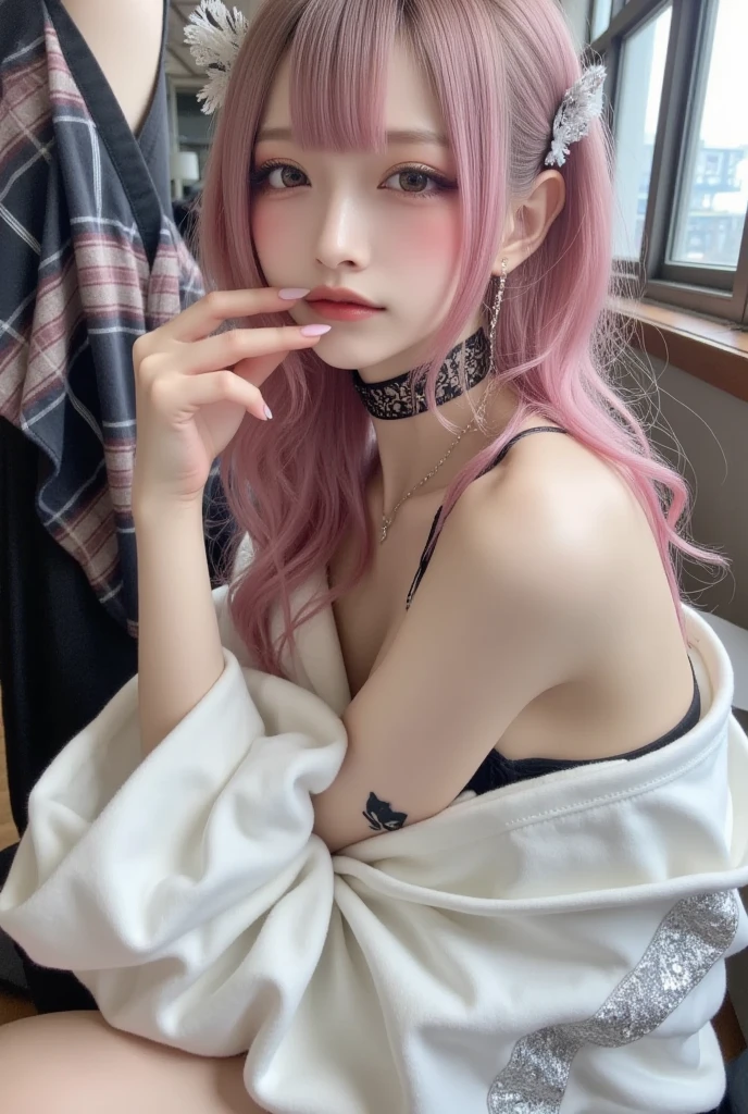 (8K, top-quality, masterpiece:1.2), (realistic, photorealistic:1.37), (super detailed), (one girl), (highly detailed), (beautifully detailed eyes), (of the highest quality), (super detailed), (masterpiece), (detailed face), (20yr old), (pink hair, long hair:1.5), (medium breasts), (clothed), (perfect lighting), BREAK, (upper body to knees), (gentle smile:1.5), (hand on waist), (other hand on knee), (sakura-filled park background), (soft natural light), BRAKE, (spring-inspired:1.2), (elegant silhouette:1.3), (pastel pink tailored jacket:1.5), (sheer silk camisole:1.4), (floral print:1.2), (light green accents:1.2), (high-waisted skinny white denim:1.5), (pencil skirt:1.2), (ribbed knit sweat:1.3), (nude pointed-toe heels:1.4), (flat shoes:1.2), (gold chain necklace:1.3), (cherry blossom earrings:1.3), BRAKE