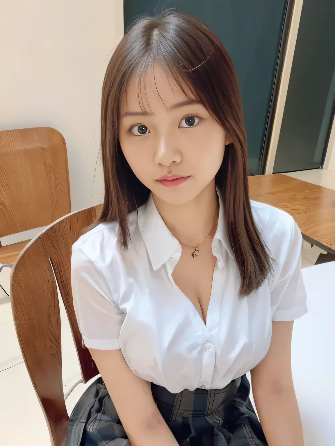 One girl、、 (alone)、(Thrust up the chest)、18 year old student、(Sitting in a school chair by the window)、She is in a bad mood、(Super beautiful girl:1.5)、(Large Breasts:1.2)、Tight blouse、(一张细致的face)、Textured Skin、face、Voluptuous thighs、Bare leg hair、(uniform)、high school、classroom、School desks and chairs、Out of the window, I can see the sea, the summer sky, and cumulonimbus clouds.、Heterochromia iridis