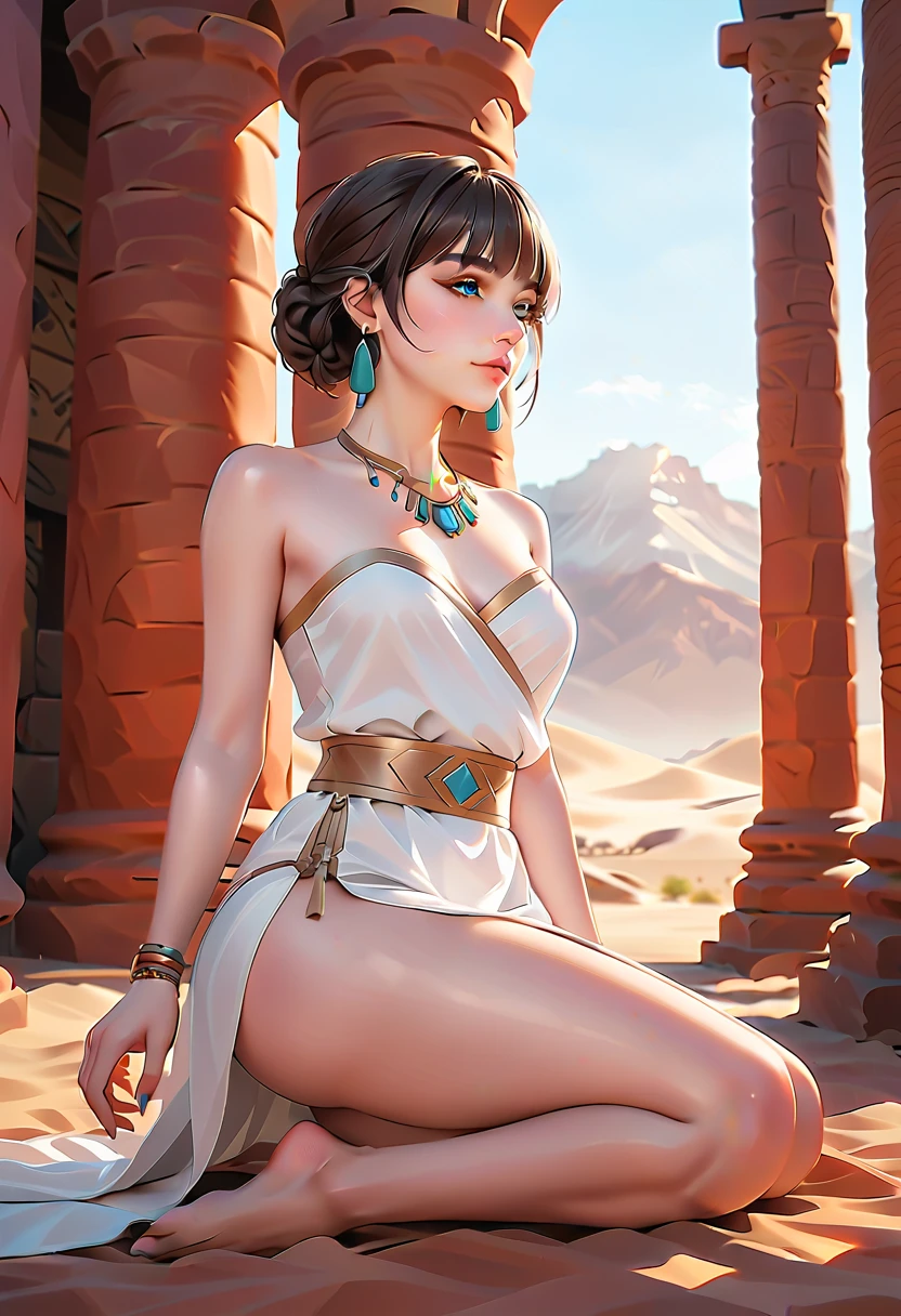 tmasterpiece，Highest image quality，Beautiful bust of noble ancient egyptian girl，Delicate black hairstyle，Short hair tied up，clear sea blue eyes，Ancient Egyptian white clothes were simple and elegant，Ancient Egyptian civilization，pyramid，A desert，Moonlight super detailed，advanced。At the Pixiv Art Station，Break your own power，Luigi，Big breasts exposing cleavage，R-18G
