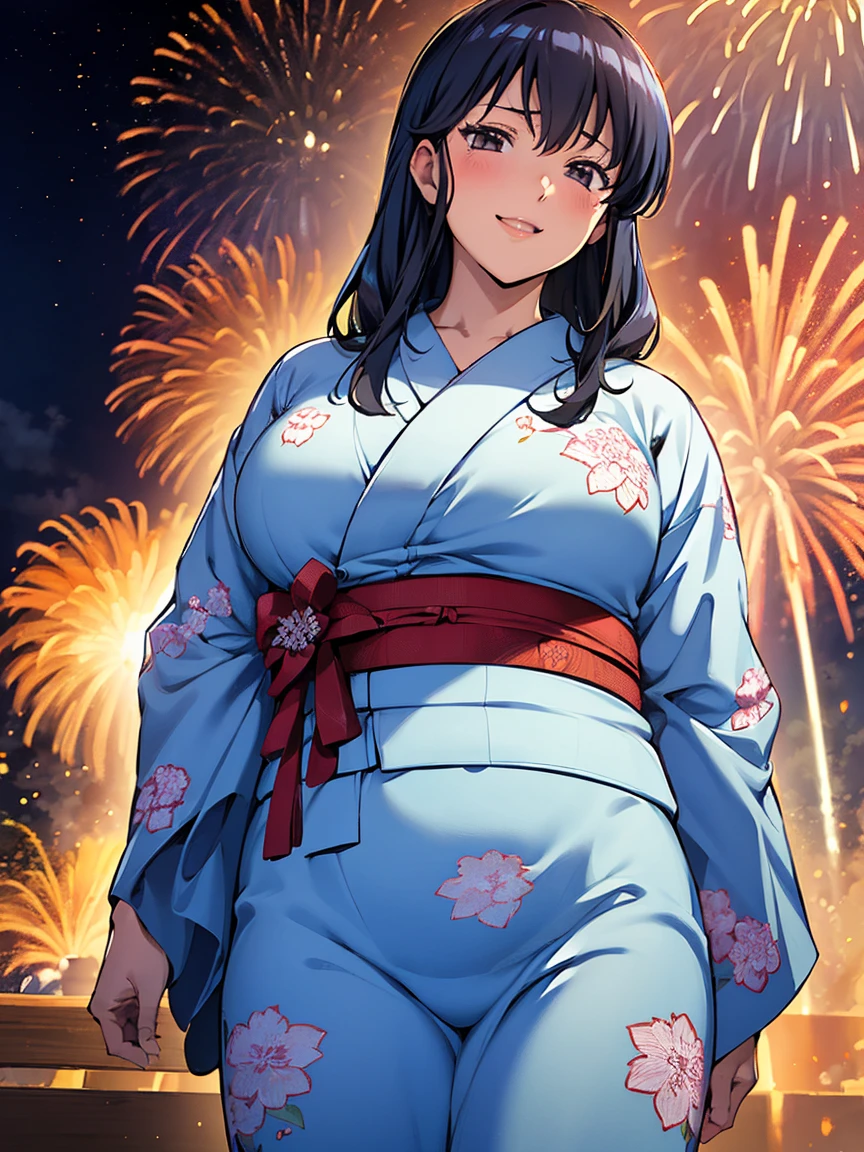 (yukata,gigantic breasts,:1.5),((nakanotani mina,airmaster,(massive breasts,gigantic breasts:1.5),black hair,long hair,shibata yokusaru style,wide hip),Embarrassed、happy smile),(shrine、Night view、crowd、firework、summer、Night Sky、Night view:1.5)),full body