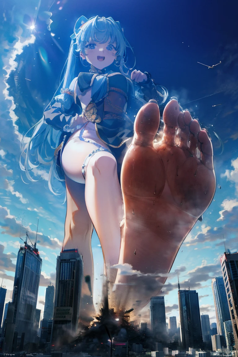 Hatsune Miku、masterpiece、Highest quality、Giantessのイラスト、Giant Humans、Giant Girl、smile、Open mouth and show teeth、beautiful身体、simple、beautiful、Anime illustration、Dirty soles、Trampling、Buildings being destroyed beneath our feet、I can see my feet、Draw a woman in a big way、Completely naked、Giantess、Hall々Stand with、Hands on hips、giantess、Low - Angle、Small town view、Destroyed small town、Destroyed small building district、Smoke is rising、The fugitive々、Destructive illustration of a small city with buildings visible in the distance