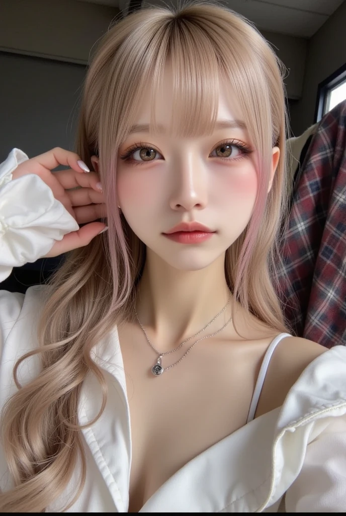 hair color: pink model woman Long Hair Sleeveless pink clothes diagonal Selfie diagonal上 Selfie summer highest quality, masterpiece))), High resolution, Very detailed, masterpiece, Cinema Lighting, (8k, highest quality, masterpiece: 1.2), (Realistic, photoRealistic: 1.37) High Resolution, Super detailed, 1 girl、32 years old、Cafe Terrace、Big black eyes