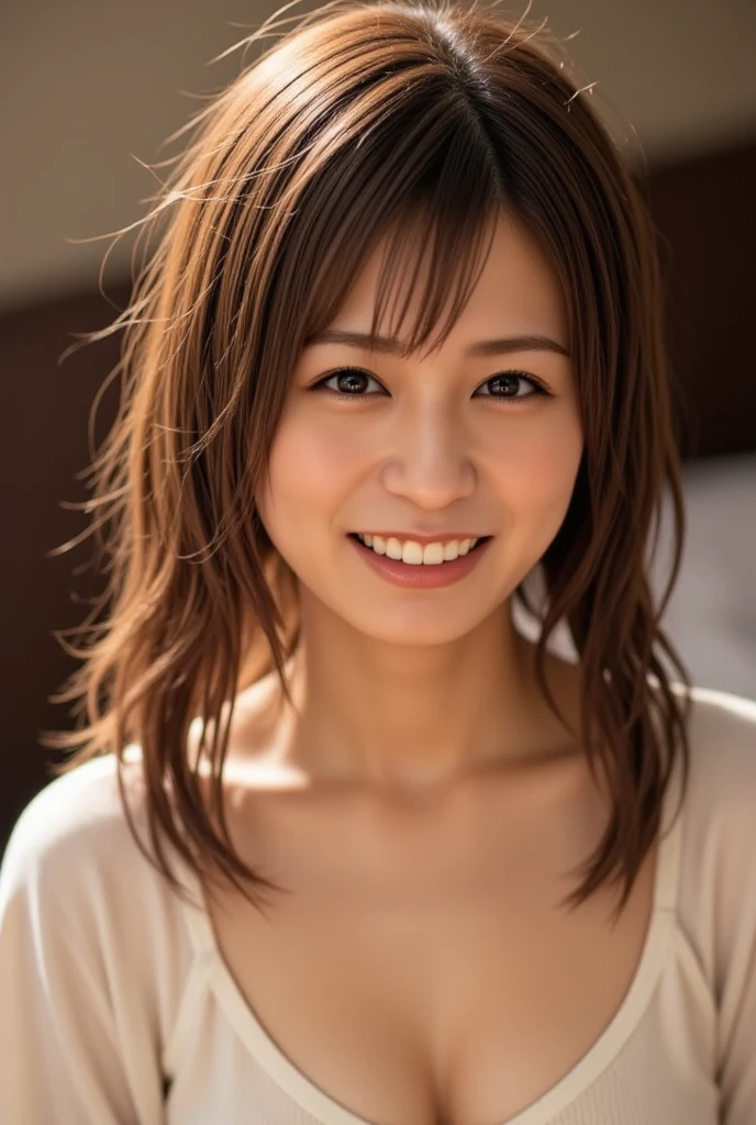 shiraishi, The image is a close-up portrait of a young woman with shoulder-length brunette hair. She is wearing a denim jacket and her hair is styled in loose waves. The woman is looking directly at the camera with a slight smile on her lips. Her left hand is resting on her head, as if she is adjusting her hair. The background is blurred, so the focus is on the woman's face. She appears to be in her late twenties or early thirties. The lighting is soft and natural, highlighting her features.