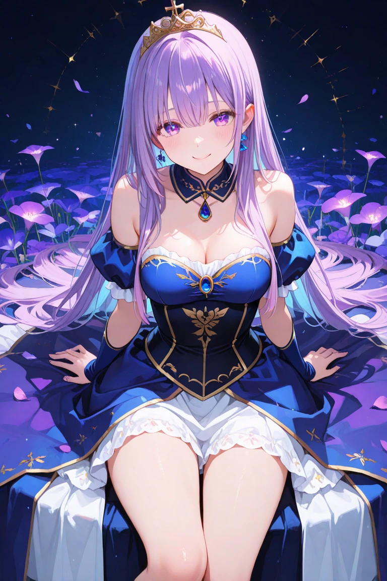 masterpiece, best quality, ultra detailed, detailed eyes, sparkling eyes, nsfw, huge breasts, The image depicts a beautifully illustrated anime-style character. She is a young woman with long, flowing hair that transitions from deep blue to purple, with hints of pink at the tips. Her hair is adorned with a colorful butterfly clip, and she is surrounded by a myriad of other butterflies, both in the background and around her. The character has large, expressive eyes that are a striking shade of purple, adding to her enchanting appearance. She is dressed in a detailed, elegant outfit that blends modern and fantasy elements. The top part of her attire is a corset-like garment with intricate designs, including lace and gemstones, which adds a touch of sophistication. Her sleeves are sheer and adorned with floral patterns, giving a delicate and ethereal feel to her look. A prominent necklace with a large, multifaceted gem hangs around her neck, complementing her overall attire. In the background, there is a vibrant rainbow arching across the scene, contributing to the magical and whimsical atmosphere. Cherry blossoms in full bloom frame the upper part of the image, adding a natural and serene touch. The character appears to be standing in shallow water, with reflections and sparkles enhancing the dreamy quality of the scene. Overall, the image is a captivating blend of fantasy and beauty, characterized by its vivid colors, intricate details, and the enchanting aura of the character.