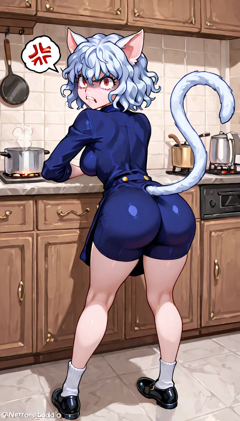 (Fucking big hard dick in cowgirl and doggy style position), mature maid,((naked upper body)), dark skin, in kitchen, seductive smile