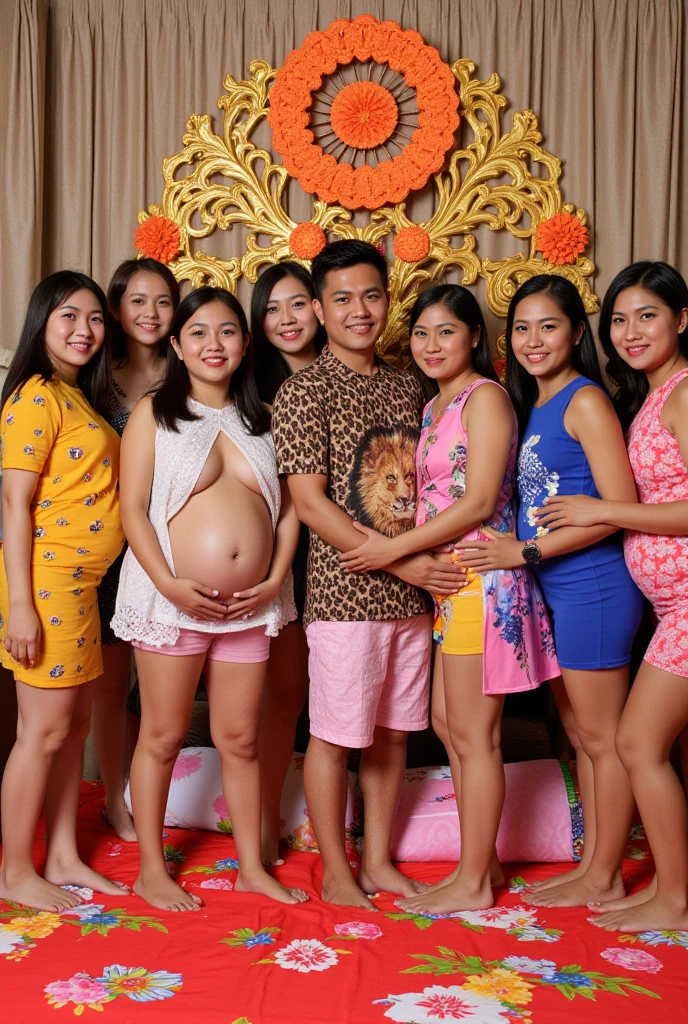 2 beautiful young Indonesian women with long hair, curvy and cute,and a handsome young Indonesian man, muscular physique, Two heavily pregnant women are adjusting long Punjabi dresses while holding their bellies. A man stands in the middle, shirtless and wearing tight, short jeans, taking a selfie in front of a house, looking at the camera. 