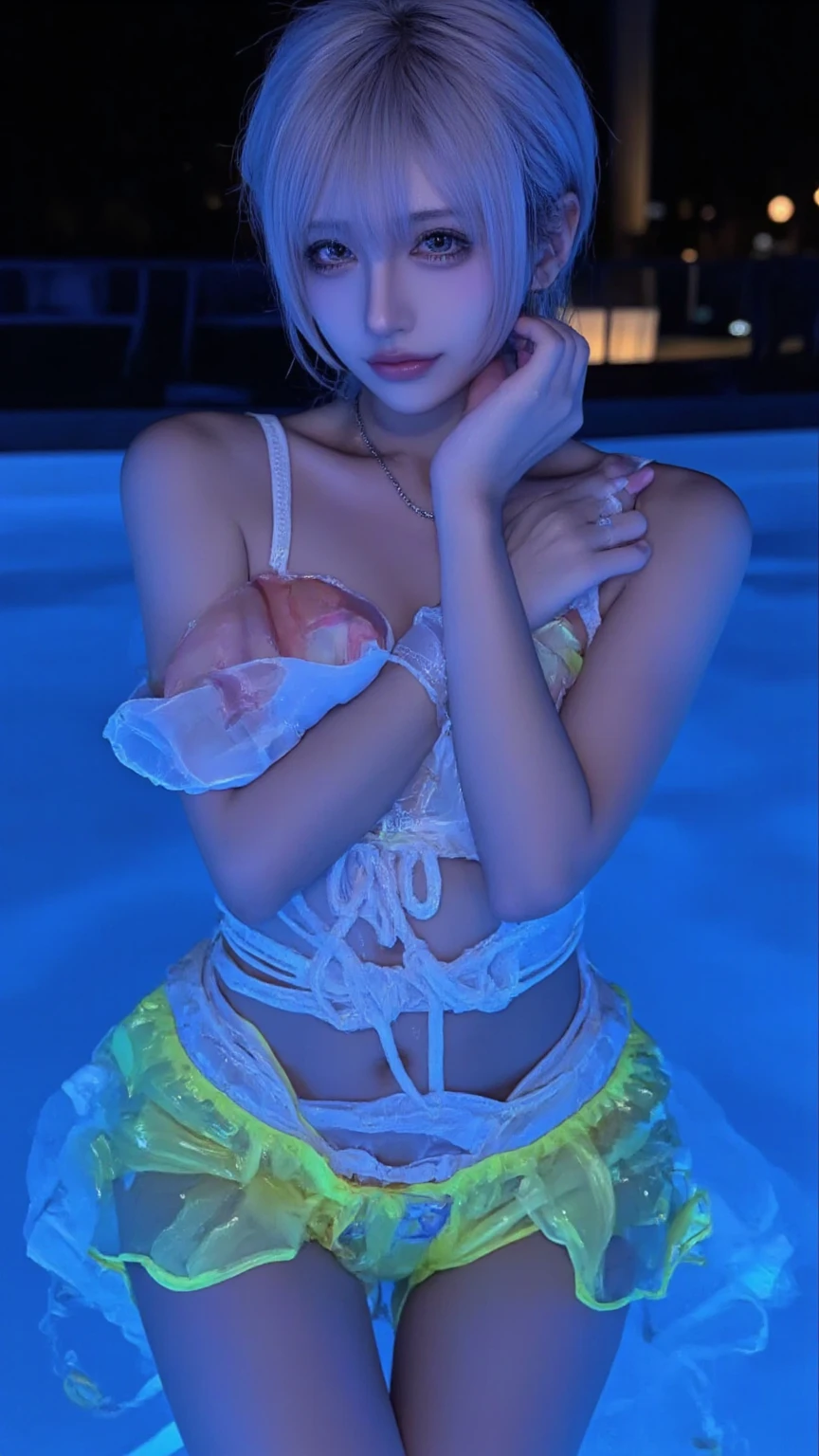 (masterpiece:1.28, Acutance, RAW, Realistic, 真实感: 1.37), realisticlying, softlighting. ( Tiny Girls jumping into the pool:1.2 )、{ Falling | splash water | shout | Luminous water surface | White and Vivid colors }, (under the mesmerizing back lighting), glistening ivory skin, sparkling highlights, Detailed KAWAII face with cute lips, long eyelashes, Delicate lace knitted clothes, Detailed open crotch, Whole Body proportions and all limbs are anatomically accurate . (correct limbs)