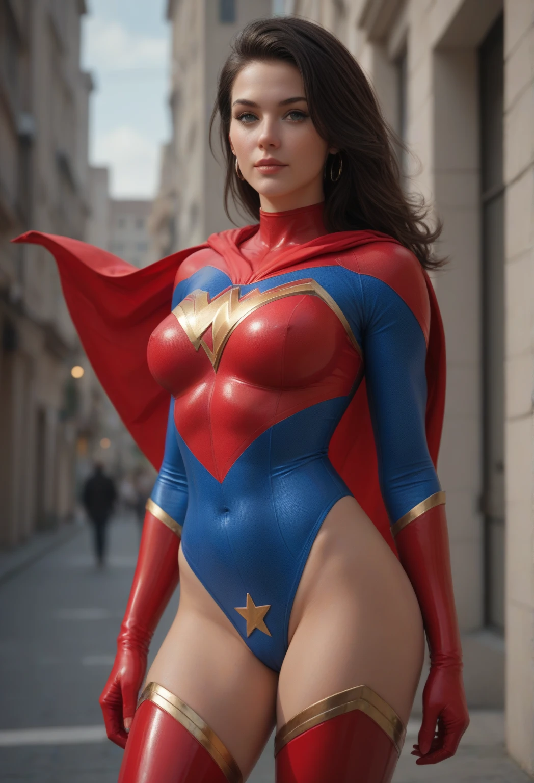 Spandexer, age 25-30, superheroine, mature, round face, pretty, wide eyes, dark hair, ponytail, athletic build, busty, costume: spandex, red cape, one-pieced, tight, sleeveless, swimsuit, blue top with white sides, up side down white triangle symbol, exposed belly, red underwear, thighs out, white thigh-high socks, red boots, short blue fingerless, white shooter sleeves, red domino mask.