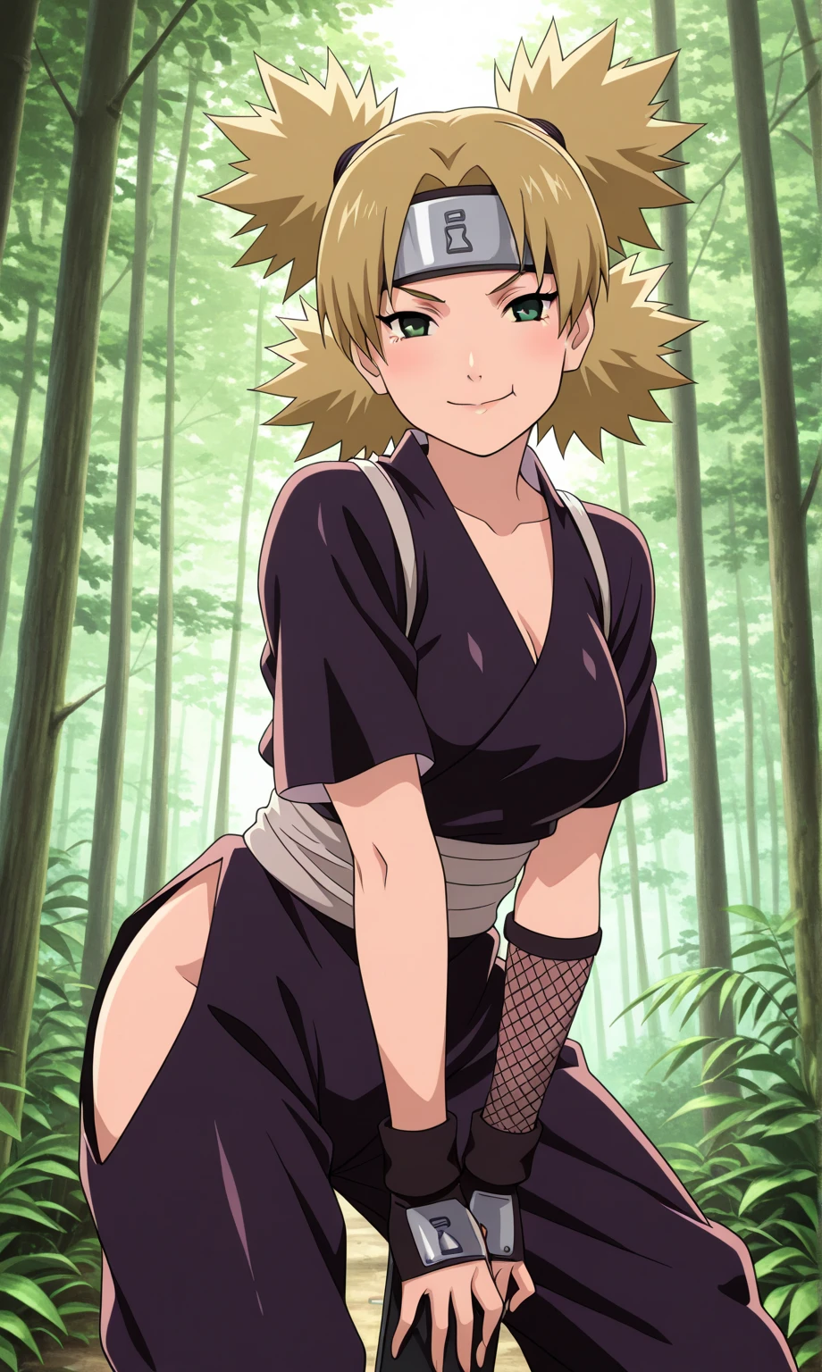 1 girl, ytemari, blonde hair, quad tails, blue eyes, fishnet, Light purple and white clothing, sash, line art, laugh, front view, stand,Adjusting the skirt, bright colors, Masterpiece, best quality, high definition, Spread your legs,Facing straight ,Spread your legs,In the forest,smile,Condescending glance,open shirt,Medium boobs,Beautiful nipples,Shirt handle