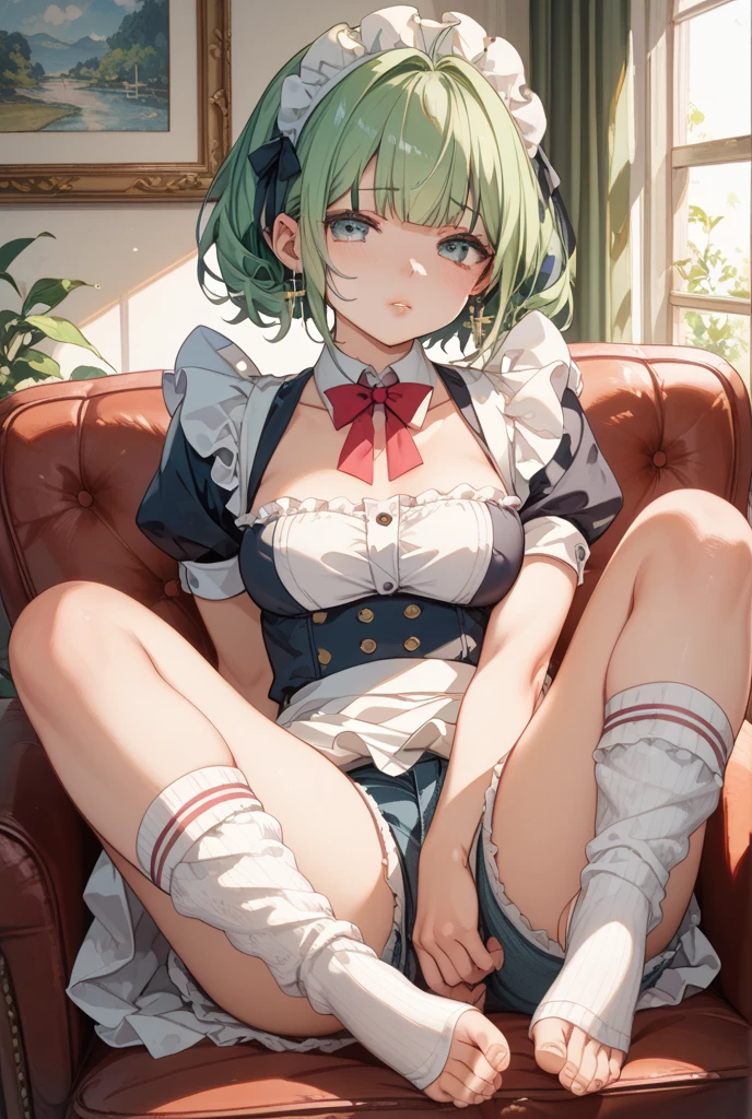 (masterpiece, best quality), 1girl, Apple green Short Wavy Hair with, very big Size DD breasts, Pearl gray Corset top and Ruffled mini skirt with a polka-dot pattern, kneehighs, Sitting with legs stretched out and arms crossed over the chest