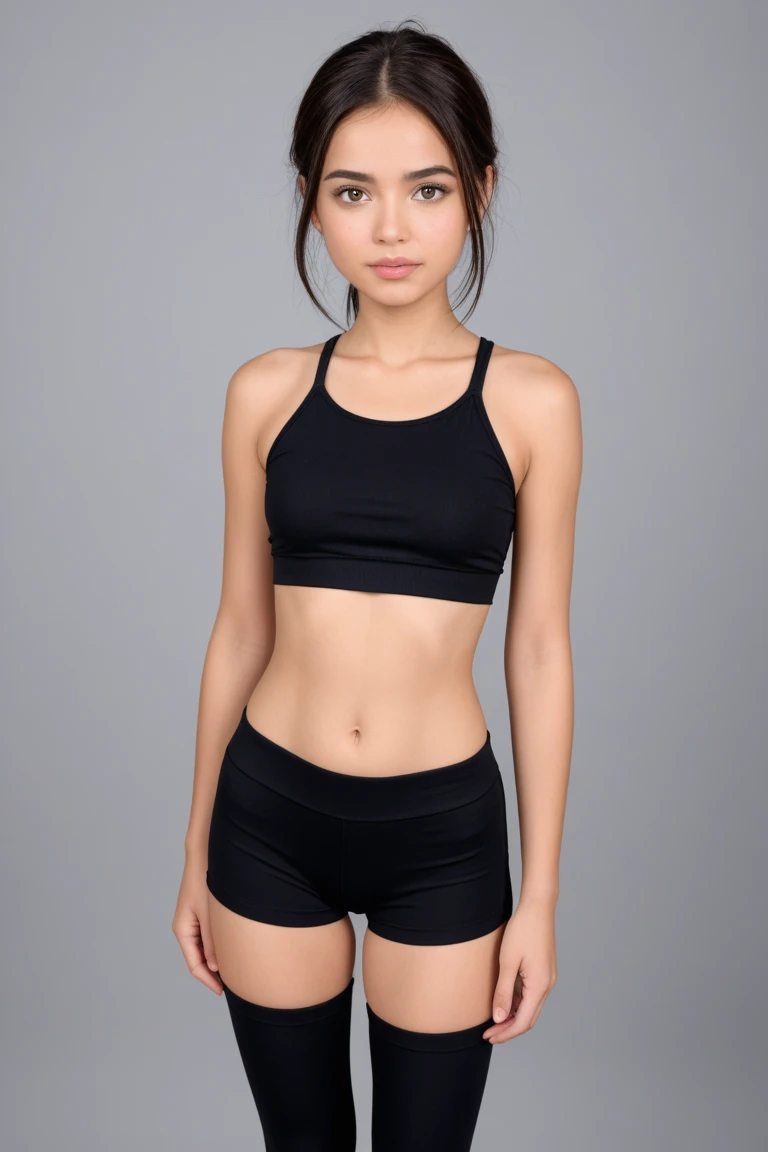 Black girl, contagious smile, round face, 1.50 tall, 15 years old, curly maroon hair, blue eyes, perfect breasts, perfect butt, toned legs. Clothing: short t-shirt, tight shorts and sneakers. Confident pose with a delicate personality, with a black background.