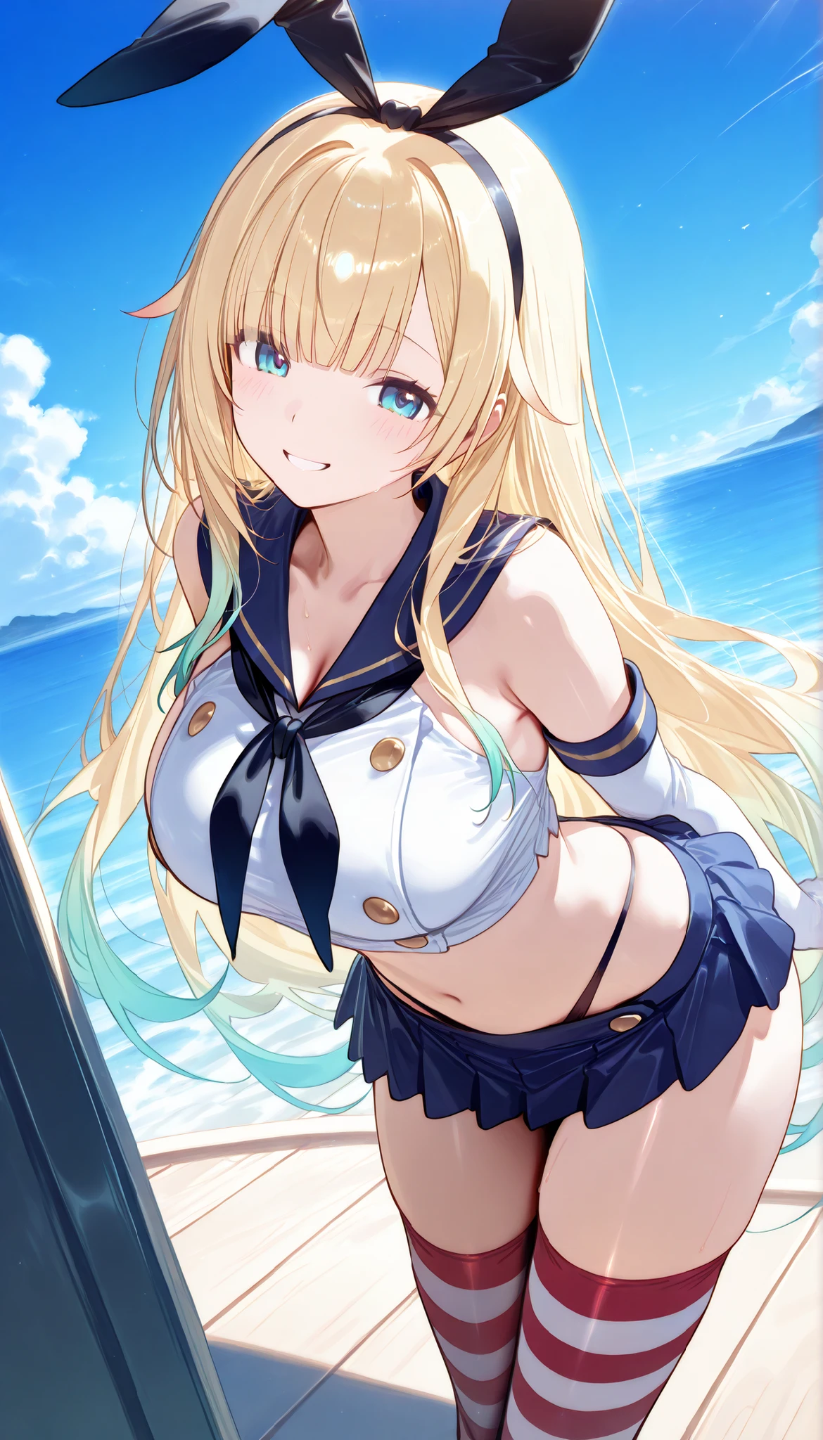 Yellow-haired,white swimwear,eBlue eyes,star accessories,white beret(It has a blue bow on it),nautical mile,starrysky,swimmning,4K