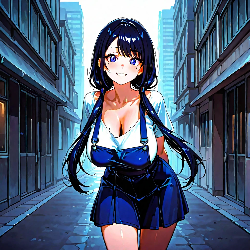 1girl, solo, (mature female, milf, motherly, dark-skinned female, wavy hair, short hair, blue hair, blue eyes, swept bangs, large breasts, blue dress, strapless dress, tube dress, blue high heels), smile, standing, hands on hips, looking at viewer, outdoors