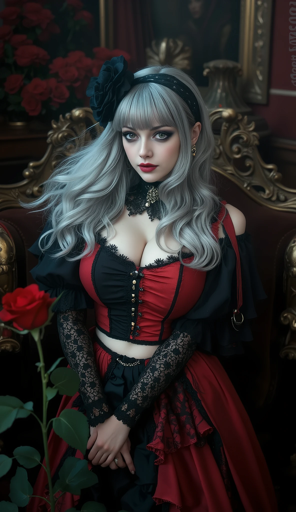 fashion portrait,artist photoshoot,1girl,silver hair,red and black dress,trim,pale skin,makeup,midriff,rose,goth,horror \(theme\),in victorian goth room,realistic photo,dramatic,