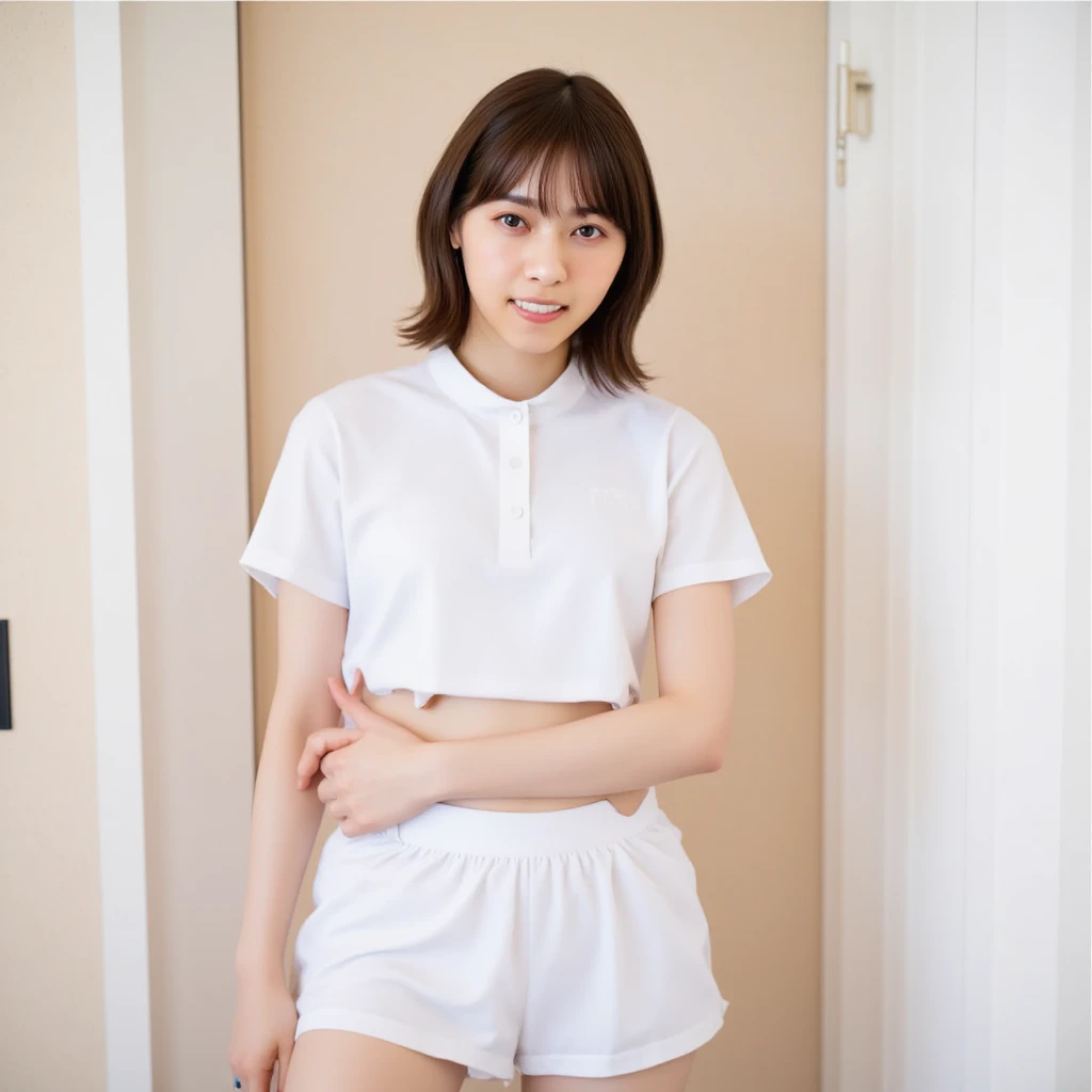best quality, photorealistic, masterpiece, 8k, high res, solo, 1girl, (((woman))), (medium breast), ((looking at the viewer)), (looking at the camera), (medium hair), (professional lighting, bokeh),top angle view, extremely detailed face, fashionable and trendy atmosphere, japan, bedroom, ((daytime)), (tshirt :1.5),athletic pants, sneaker, (portrait:0.6), seductive smile, gorgeous, floating hair, (light particles, lens flare, glowing particles:0.6), (dynamic pose:1.2), soft lighting, black hair, laying down on bed, <lora:nanazawaruri:0.8>