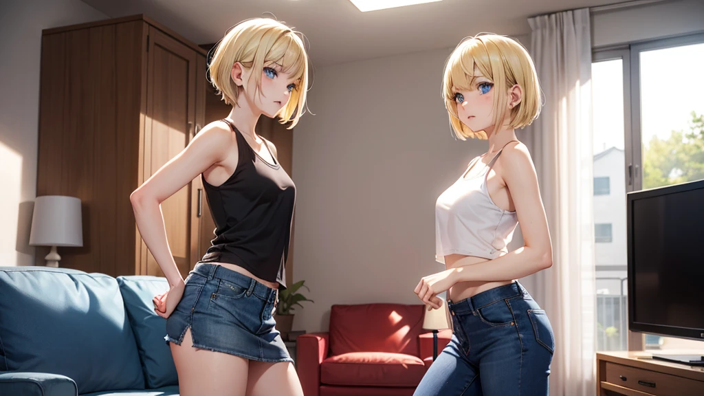 masterpiece, soft light, low depth of field, 8k, cute, 18-year old girl, 1girl, from above, short blonde hair, slim body, green pupils, glossy lips, shiny skin, happy, see through t-shirt, denim shorts, knee high socks, night time, hotel, rossdraws pastel vibrant,
