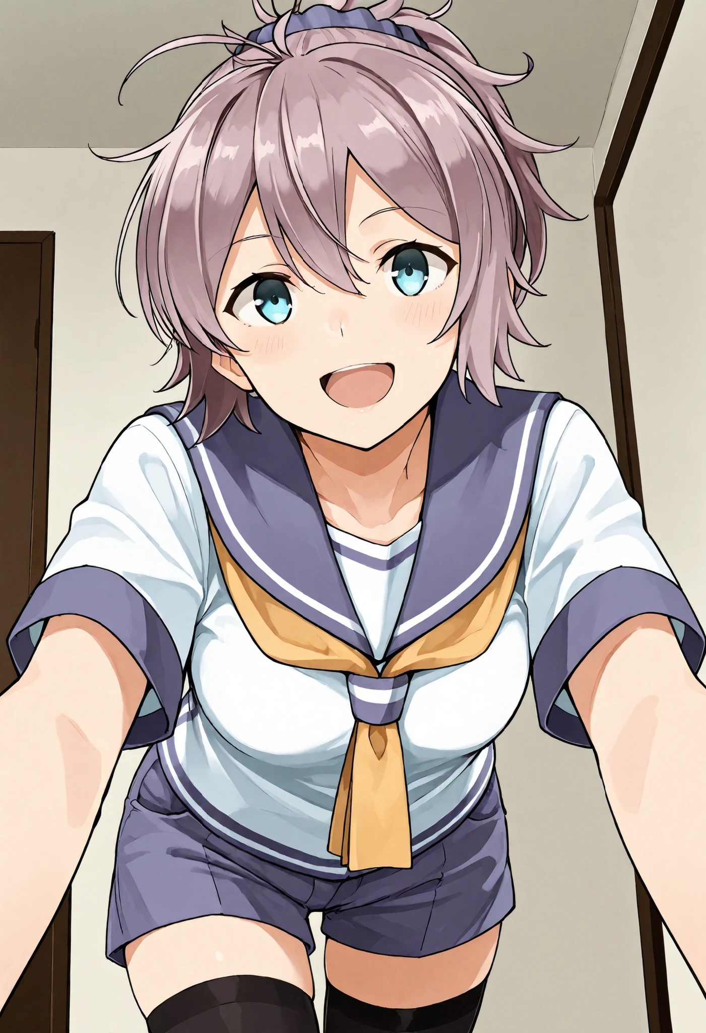 Aoba (KANCOLLE))
one girl, solos, detailed skin, Smiling, Open your mouth,
score_9,score_8_up, score_7_up, Source_Anime, masterpiece, top quality, official art, official style, game CG,
aobakc, purple_hair, messy hair, short ponytail, blue eyes, aqua eyes, Hair scrunchie
aobadefkc, sailor_collar_yellow_neckerchief, blue sailor collar, purple sailor collar, blue shorts, purple shorts, short sleeves, black thighhighs, yellow_neckerchief,
cowboy shot, watching viewers, stare at viewers,