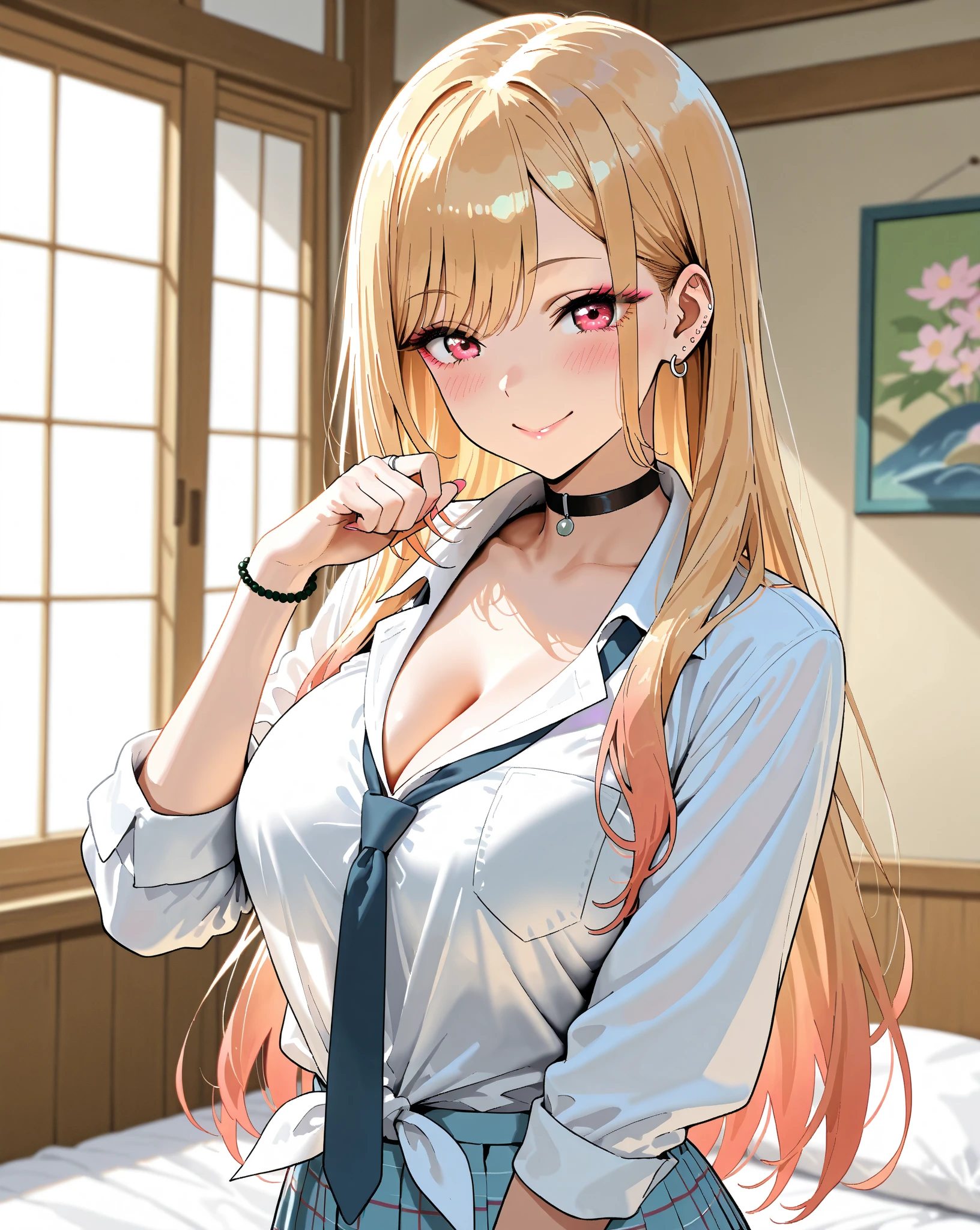 masterpiece, top-quality, hight resolution, kitagawa marin, 1girl in, blonde hair, length hair, O cabelo multicolorido, red eyes, jewely, 耳环, piercings, student clothes, white shirt, Open the shirt in front、red bra、Top quality bras