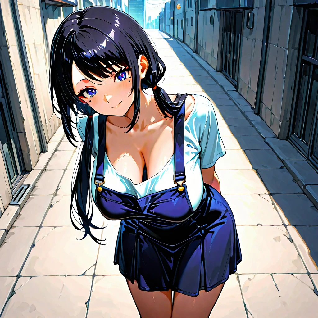 Nagatoro Hayase, 1girl, solo, long hair, looking at viewer, smile, breasts, city background, butt, bare shoulders, teeth, tight shirt, short sleeves, closed mouth, portrait, skin tight outfit, outfit, short skirt, visible cleavage seductive, realistic, best quality, masterpiece, ultra detail, ultra high res, extreme detail, 8k