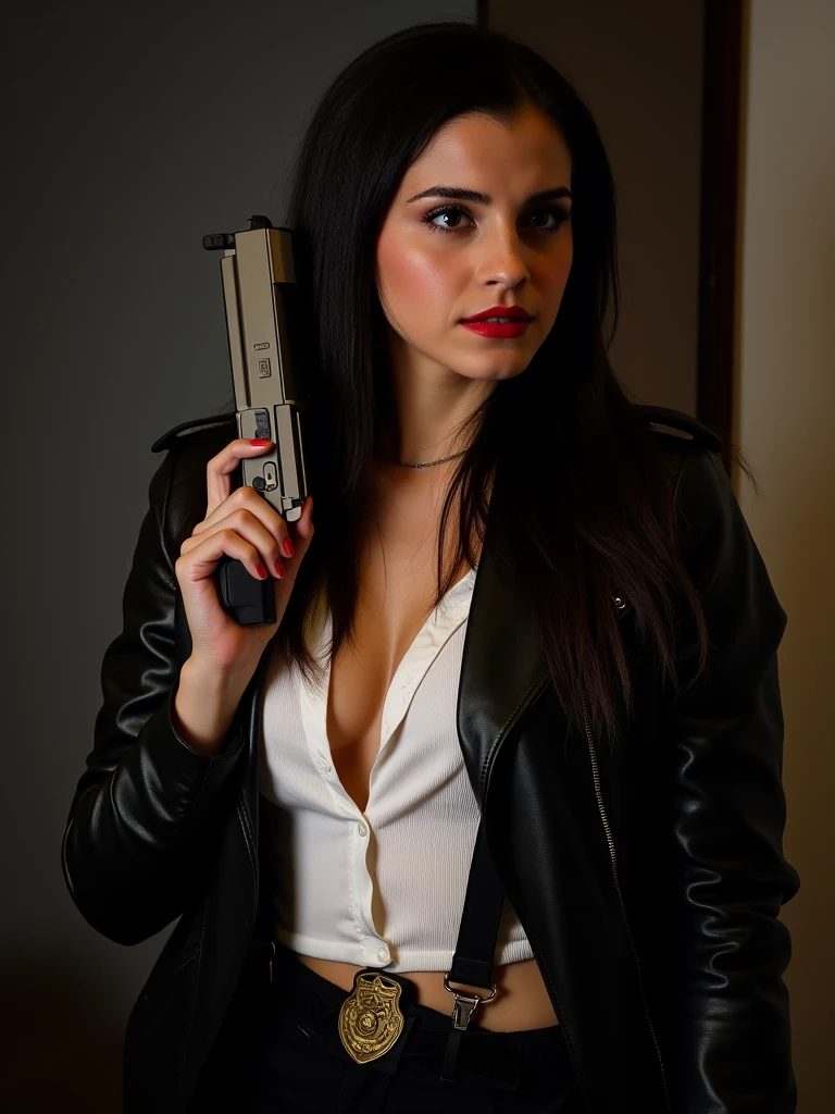 ((Best quality, 8k, Masterpiece :1.3)), Whole body, Sharp focus :1.2, A pretty woman with perfect figure :1.4, Slender abs :1.2, ((Dark brown hair, Big breasts :1.2)), body dress :1.1, (Night city view, Modern balcony :1.1), Highly detailed face and skin texture, Detailed eyes, Double eyelid, Small Bust, OL Uniform, Office Wear, white T-shirt, exposed cleavage, (Black Pantyhose), (No Panties), Interior Scene, Office