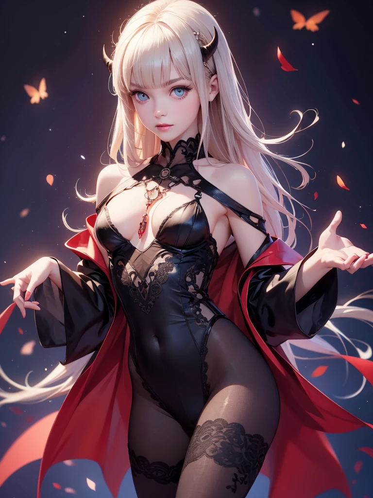 1girll,White color hair,Various hairstyles,Wear a black flower on your head,beauitful face,crisp breasts,Convex buttocks,Wearing a black gauze tights,Wear a black wristband,Black lace-up heels,Wearing a black military uniform overcoat,The inside of the coat is red,perfectly proportioned, Cinematic lighting, filmgrain, Fujicolor, lightand shade contrast, 8K, 巨作, Textured skin, Super detail, high detal, High quality, A high resolution,
