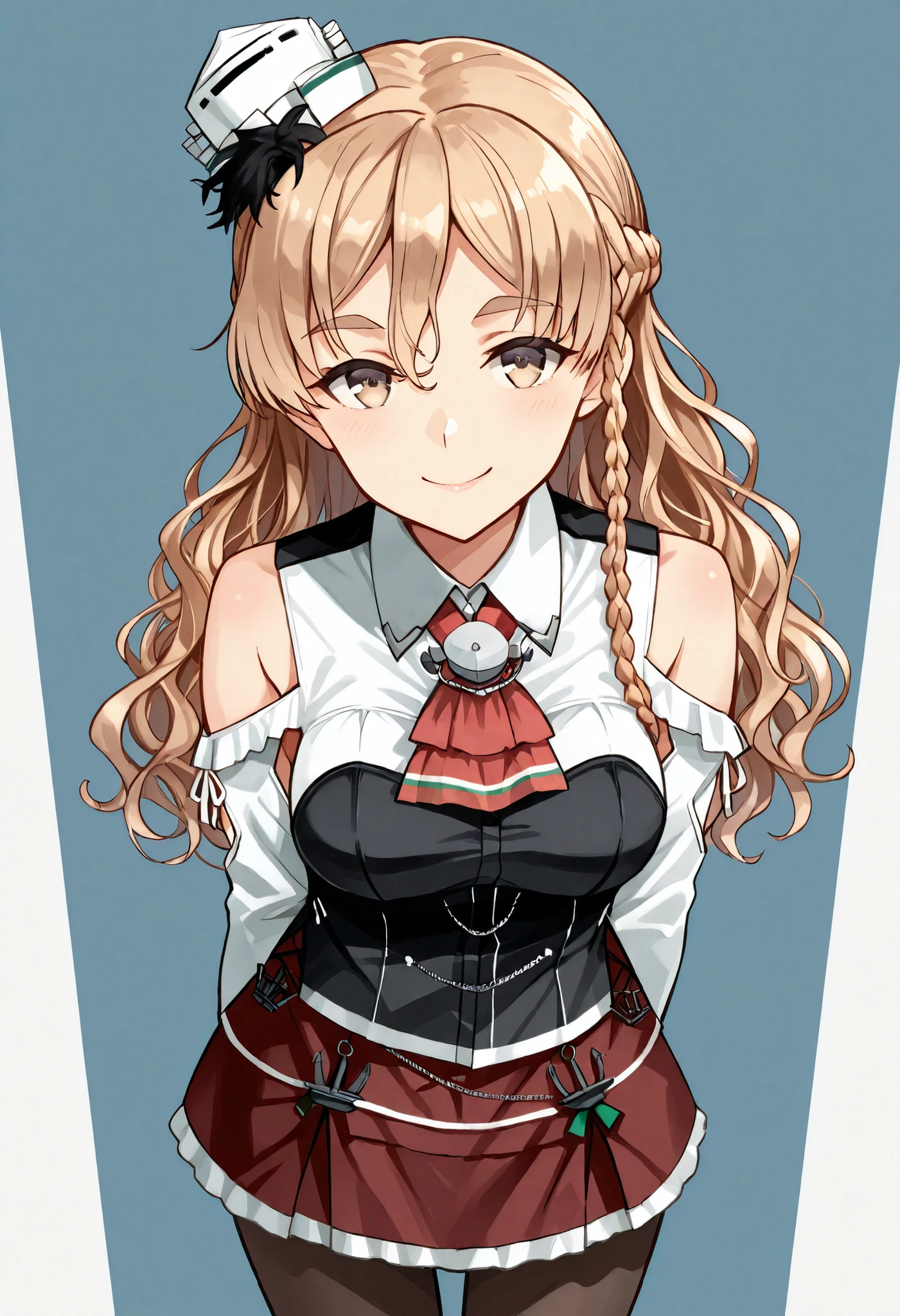 Zara (KANCOLLE))
one girl, solos, detailed skin, Smiling,
score_9,score_8_up, score_7_up, Source_Anime, masterpiece, top quality, official art, official style, game CG,
zaraKC, long hair,skirt, shirt, long sleeves, bare shoulders, braid, pantyhose, miniskirt, black pantyhose, red skirt, wavy hair, french braid, mini hat,
cowboy shot, watching viewers, stare at viewers,