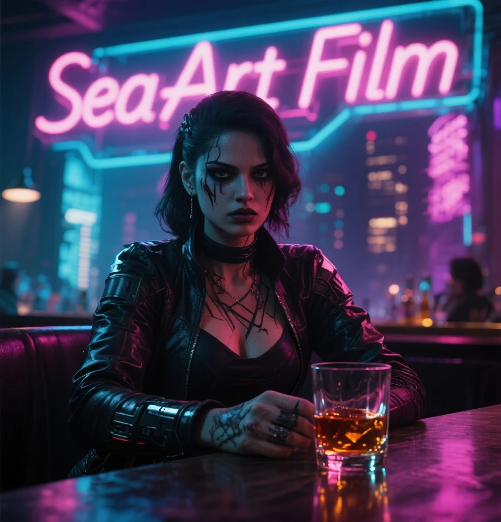 A young pirate woman drinking wine in a Cyberpunk bar, she has a parrot on shoulder