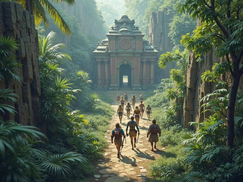 A dramatic scene set in Thailand during a zombie apocalypse. The image features a mix of ancient and modern elements: in the foreground, a group of survivors—a local farmer, a Bangkok street artist, a retired soldier, and a foreign tourist—are huddled near an overgrown, dilapidated temple. The survivors are armed with improvised weapons and show signs of fatigue but determination. Behind them, the jungle is encroaching on the temple, with vibrant tropical foliage mixed with the ruins. The sky is ominously dark, with flashes of lightning casting eerie shadows. In the background, a horde of zombies, some in traditional Thai clothing and others in modern attire, are emerging from the underbrush, creating a tense and urgent atmosphere. The contrast between the ancient temple and the modern chaos enhances the sense of impending danger and survival.