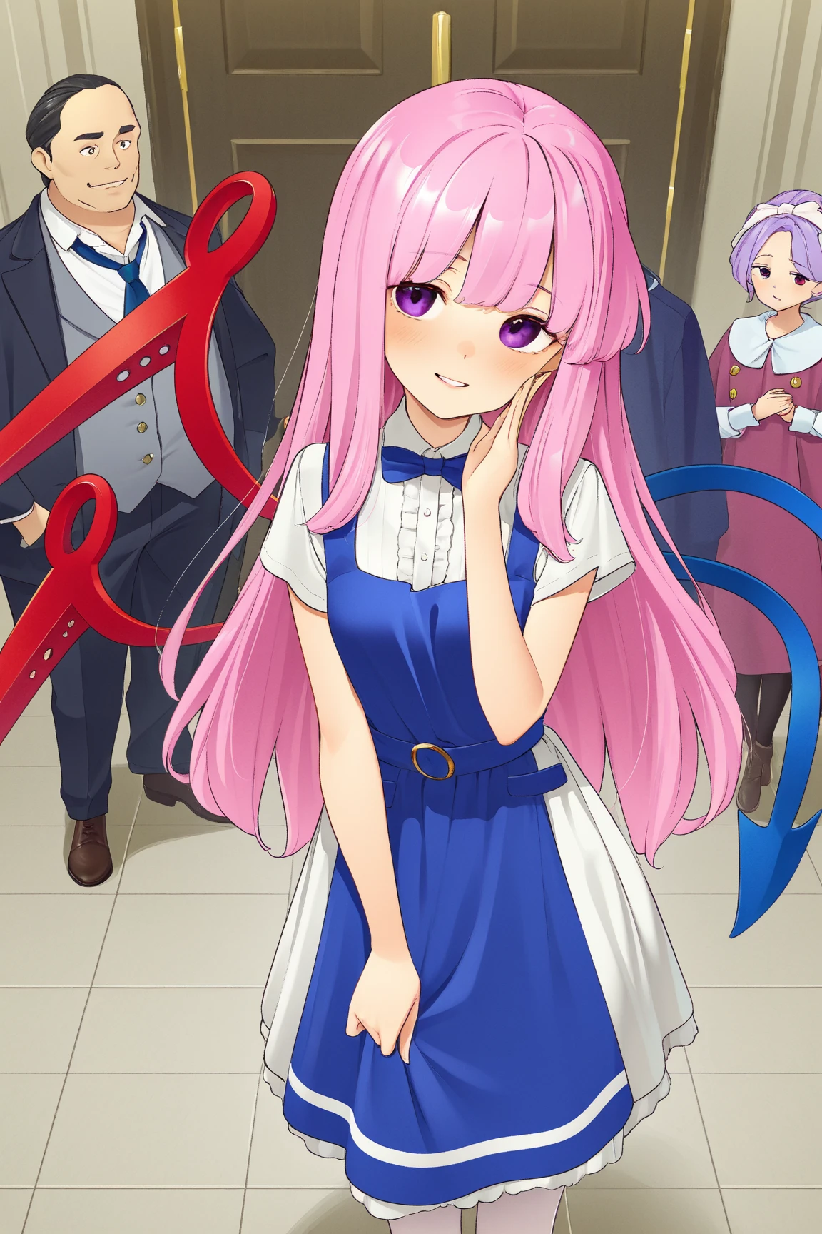 A young girl in beautiful clothes,Long pink hair hanging loosely,Struggling to stand in the jury seat,The picture shows the scene of the court trial。