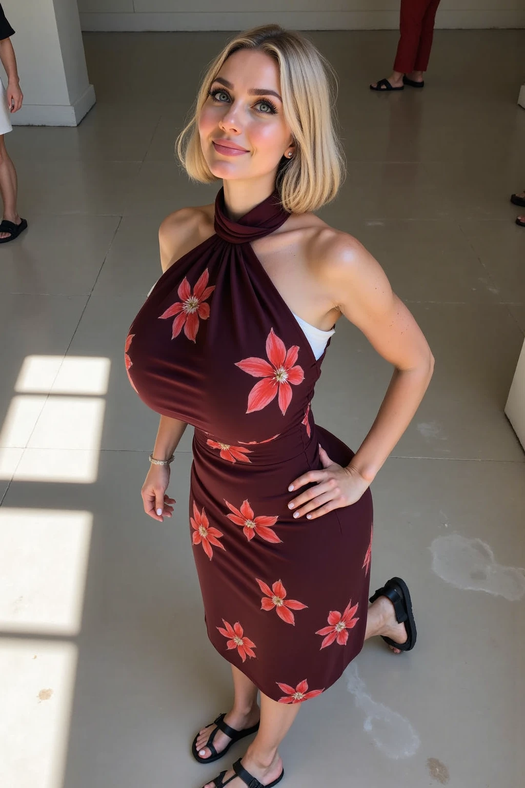 plain black scoop-neck dress, (big giant enormous oversized massive huge colossal breasts:1.5), (gigantic sagging breasts:1.5), (very long full hair:1.25), frizzy hair