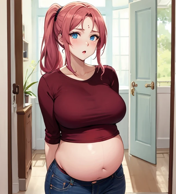 ((high aesthetic)), absurdres, absurd resolution, highly rated, highres, art by kipteitei, high resolution, best quality, masterpiece, full body, (facing viewer), 1girl, ((solo)), indoors, clothed, perfect face, perfect eyes, neneneji, tight outfit, smile, natural skin texture, 4k textures, hdr, intricate, highly detailed, puffy lips, thick lips, hyperdetailed, mature female, Pink hair, short hair, wavy, black crop top, jean shorts, skinny