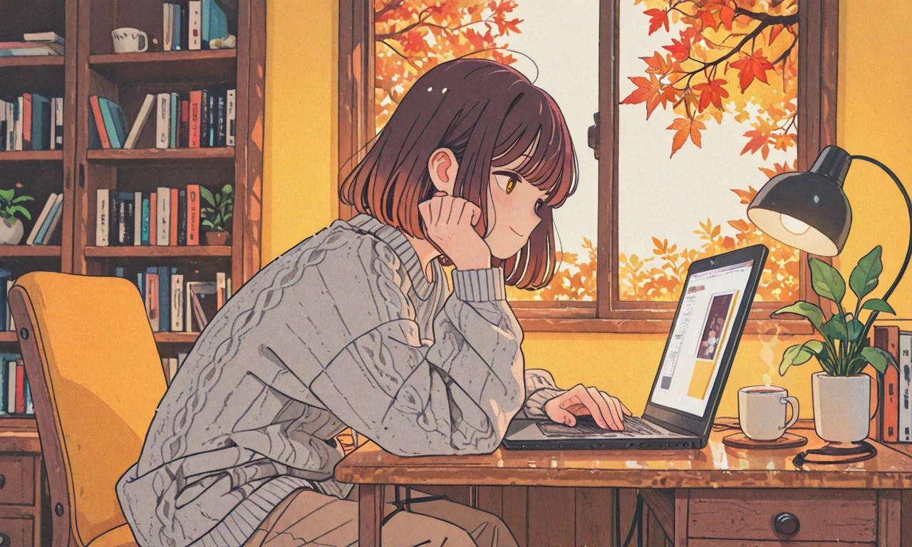 anime-style hand-drawn illustration, a focused woman with tied-up dark auburn hair working on a laptop at a wooden desk in a cozy Scandinavian-style room, autumn leaves visible through the window, wearing a gray knit sweater and brown wool pants, cup of tea beside the laptop, a desk lamp casts warm yellow light, bookshelf and indoor plants in the background, slight smile as she types, watercolor anime aesthetic, soft sketchy lines, calm and productive atmosphere, lo-fi chill vibes