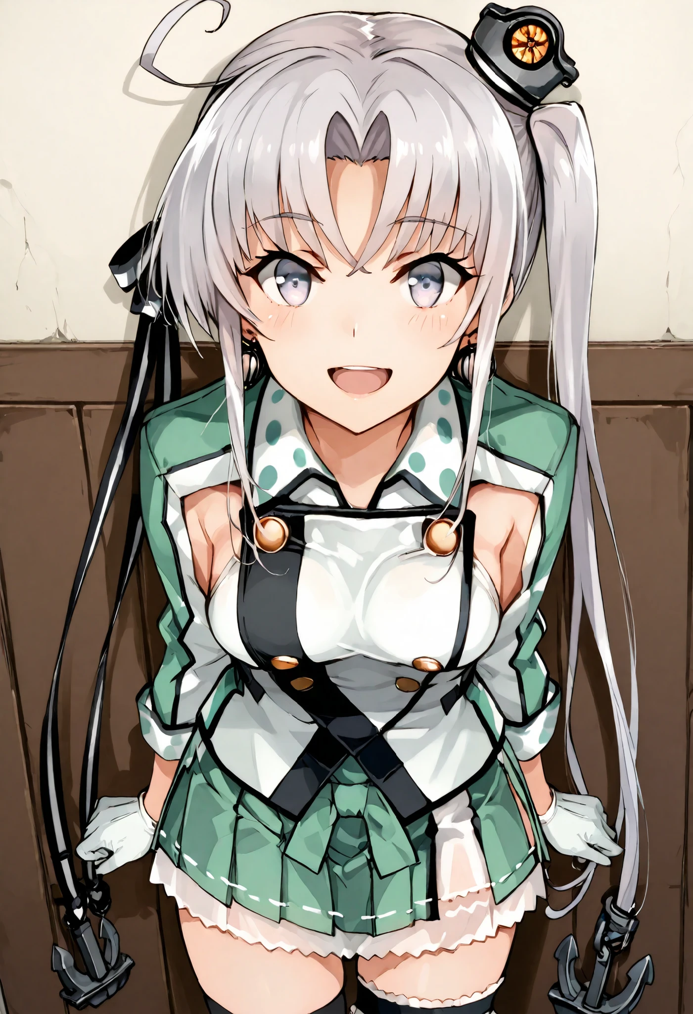 Akitsushima (KANCOLLE)
one girl, solos, detailed skin, Smiling, Open your mouth,
score_9,score_8_up, score_7_up, Source_Anime, masterpiece, top quality, official art, official style, game CG,
akitsushimaKC, long hair, hair ornament, thighhighs, jewelry, jacket, hair ribbon, ahoge, sidelocks, pleated skirt, earrings, white gloves, miniskirt, uniform, side ponytail, clothing cutout, military uniform, buttons, green skirt, mini hat, anchor hair ornament,bridal garter,
cowboy shot, watching viewers, stare at viewers,
stare at viewers,