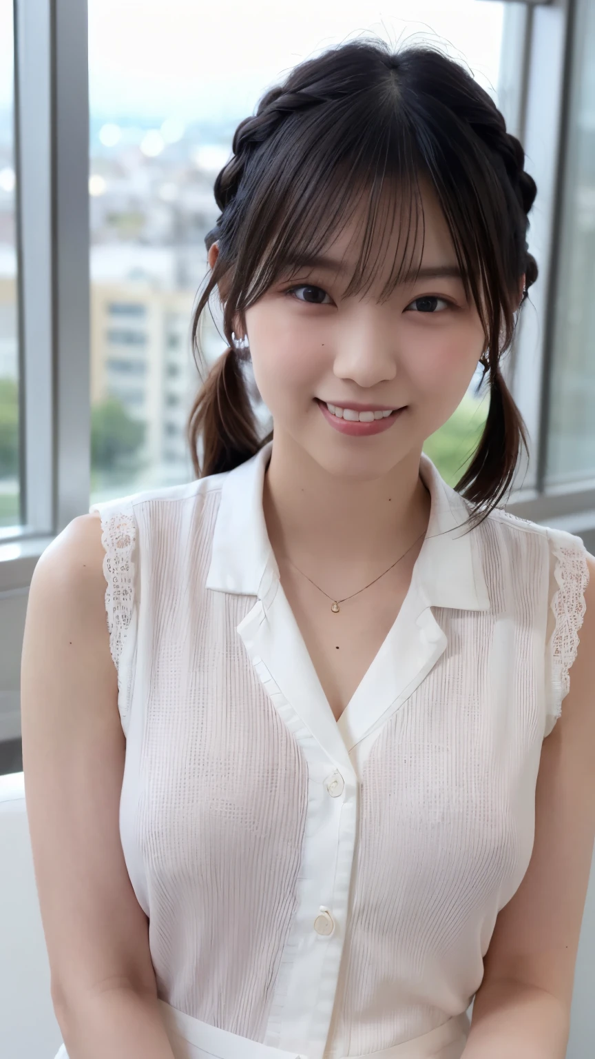masutepiece, Best Quality, Illustration, Ultra-detailed, finely detail, hight resolution, 8K Wallpaper, Composition including perfect whole body, Beautiful detailed eyes, ((all-fours:1.2)),((Wearing a drenched shirt:1.5))、 Random and cute hairstyles, rather large breasts,((Braless and sheer)), Natural Color Lip, Random and cute poses,((A big smile that makes you squint)),((breastsout、under look eyes、Mole on the arm:0.9))、((short-cut))、((Frontal camera work:1.5))、((Open the front of the shirt wide)),((all-fours)),((stick out buttocks))、(())、rather large breasts、((on the bed:1.2)),((undergarment))