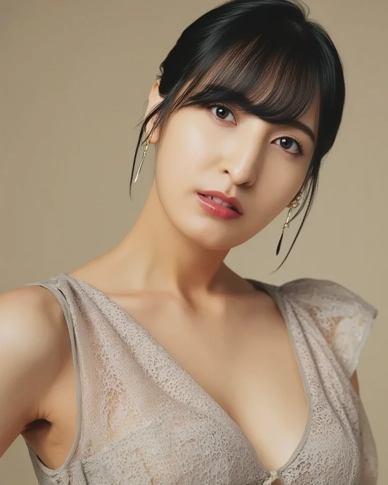 ((Highest quality、8K、masterpiece:1.3))、Realistic, Sharp focus, High resolution, High resolution,Portraiture, One person、Japanese、woman, beautiful woman, (((V-neck sleeveless、Royal Blue Dress、Gold Edge)))、30 years old, Charming person, Medium Long Hair,smile