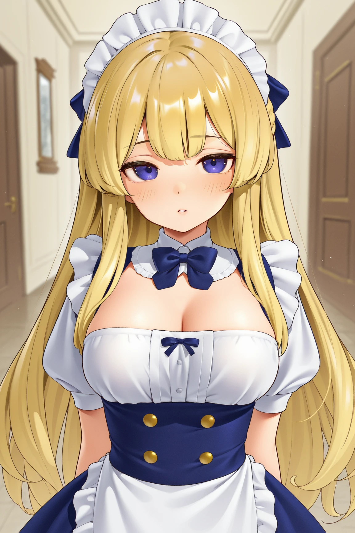 ((highest quality、High resolution、masterpiece))、Portrait、((10Year old beautiful girl))、Perfect body、Beautiful breasts、Nipples、Long blonde、Maid、No panties、Embarrassed、Legs wide open、(((POV、Having sex、orgasm)))、Creampie