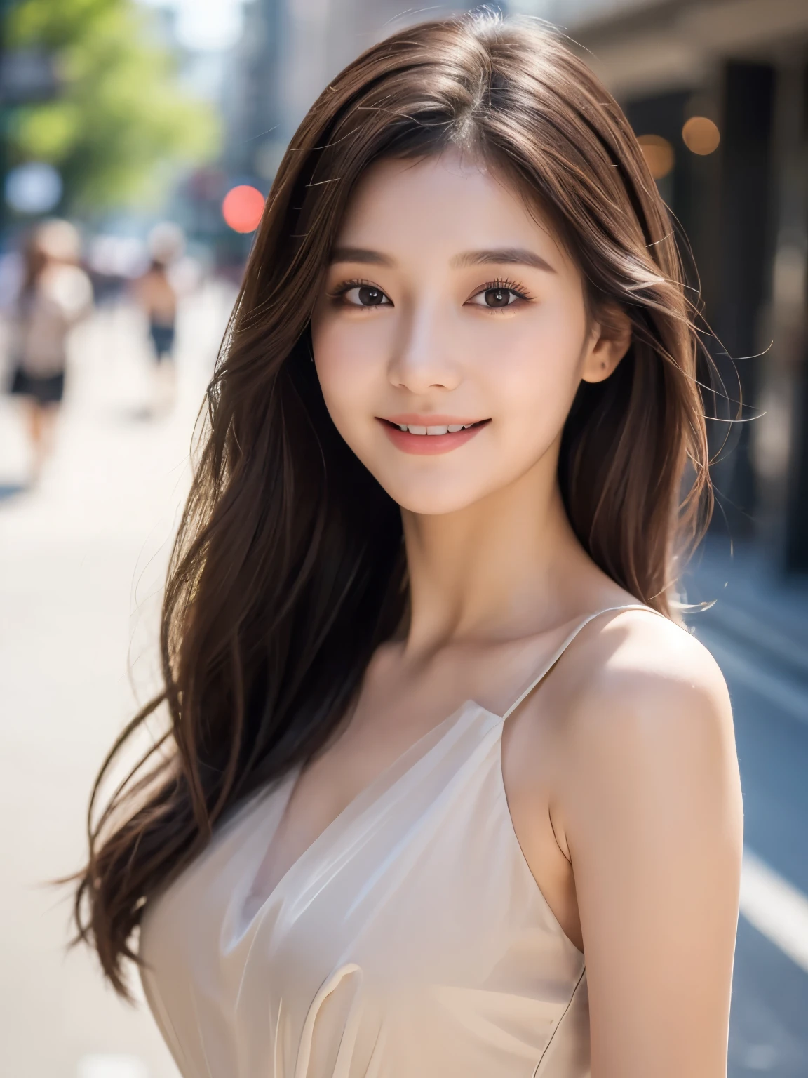 A perfect young female white-collar worker，Chinese，High picture quality，Works of masters，Black hair，Long hair flowing over the shoulders，cropped shoulders，clavicle，exquisite face，Hydrated red lips，，Real Human，（ shopping mall background：1.5），CG rendering，16k, Blurred background, (full body shot), Shooting from a distance,eyes look straight into the lens, smiles, Very detailed, wallpaper, depth of field, movie light, lens flare, Ray tracing, live stre , smiles, Do not show your hands，Close-up shot