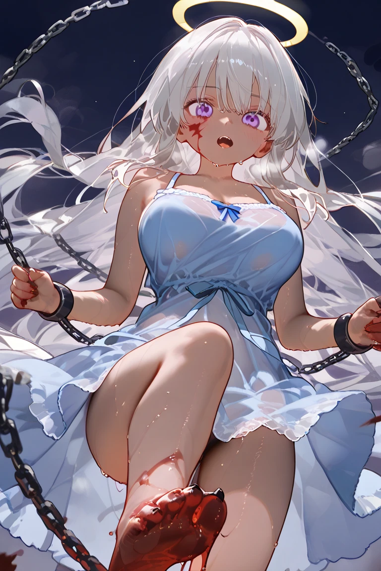 white straight hair, pretty, shorts, barefoot, red eye, chain collar, handcuffed, white skin, wet, shy, best quality, chain, off shoulder black jacket, belly, young, lava, hell, under dirty water