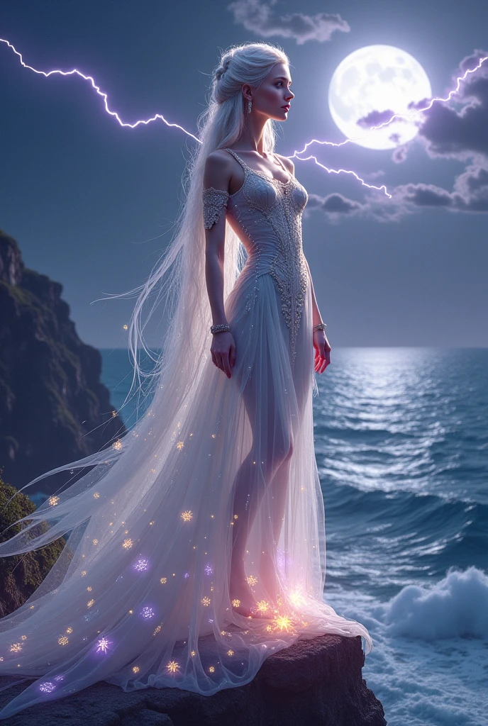 Dreamlike and magical scene of the Celtiberian goddess Noctiluca walking on the surface of the sea accompanied by a majestic and ethereal white lion with a leafy mane. She carries a torch in her hand. The scene is illuminated by the bioluminescent blue glow of the goddess and the glowing particles that surround them., by the crescent moon and the stars. She is dressed in a light, translucent dress that flows in the air and seems to merge with the water around her.. An epic fantasy scene, but with great graphic realism, full of detail and beauty. With an exceptional richness of nuances and exquisiteness down to the smallest detail.. A masterpiece that seems about to come to life and brims with divinity.