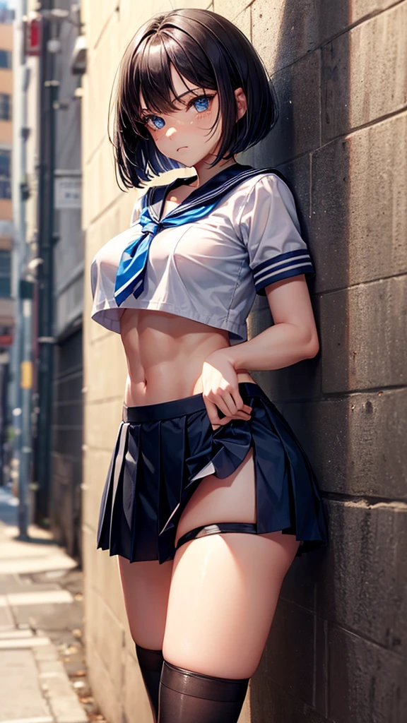 (8K),(Highest quality),(Highest quality),(highly detailed eyes and face),(Excellent anatomy),Japanese ,Alone,Sailor suit,Short sleeve,Underboob,big breasts,Slim body,short hair,(Thigh-high boots),Open legs,(very short mini-skirt),thong,thin Abs,Muscular thighs,