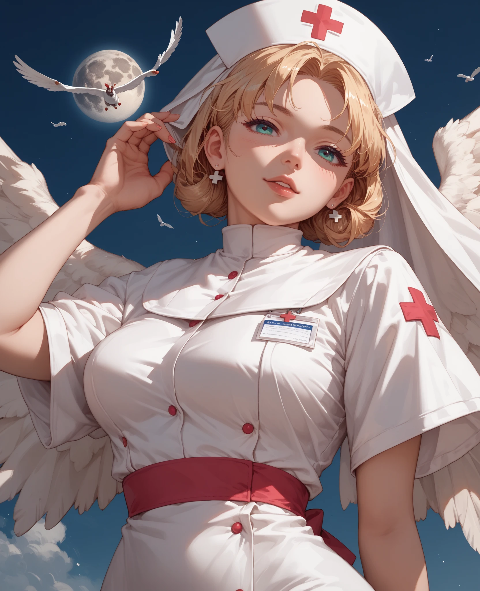 (8K, Raw photo, highest quality, masterpiece: 1.2), (realistic, photorealistic: 1.37), Super detailed, ultra high resolution, girl 1, , Beautiful and dense face, smile, teeth, (feather cut: 0.6), nurse uniform, panties, professional lighting, garden、night、full body photo, neat、Full body Esbian、white thin socks、Floral、Large angel wings grow from his back..、white feather、Feathers shine、Fluttering feathers、Photographed from the front