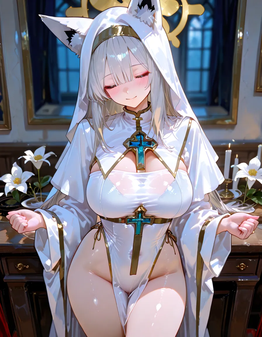 Mature woman, mature face, gentle face, glossy lips, golden eye color, golden eyes, gentle eyes, (braid hairstyle, bob hair, white hair, yellow gradient hair color, glossy hair), slender body, medium breast, thick thighs, saintess clothes, white clothes, white panties, (nipple through clothing), church, praying pose, kneeling, view from above, side view